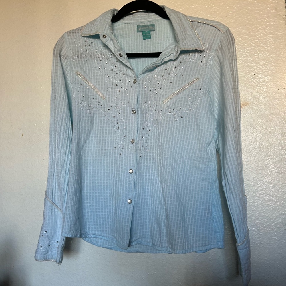 Cowgirl Up Embroidered Pearl Snap Long sleeve M Baby Blue Country Western Farm